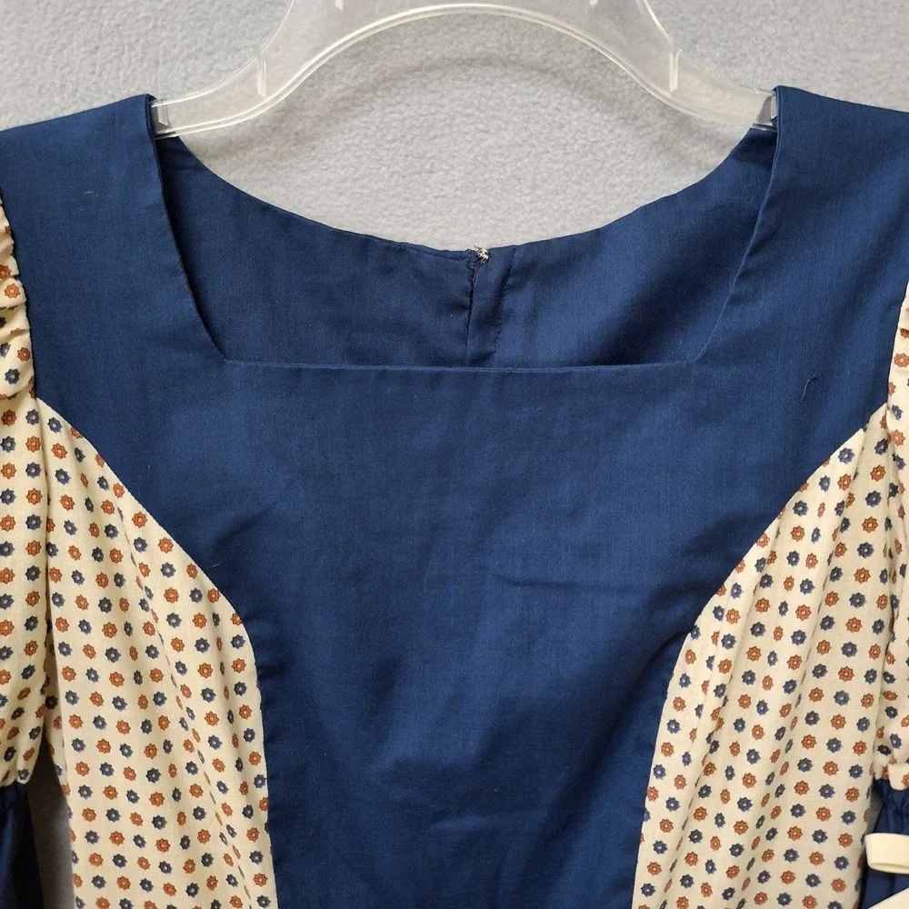 Handmade Girl Dress Size 16 Navy Floral   Short Puff Sleeve Ruffled Bows Country